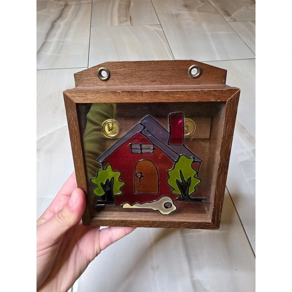Vintage Wooden Key Holder Box Wall Mount Stained Glass Style House 3 Hooks 6in - Picture 12 of 16